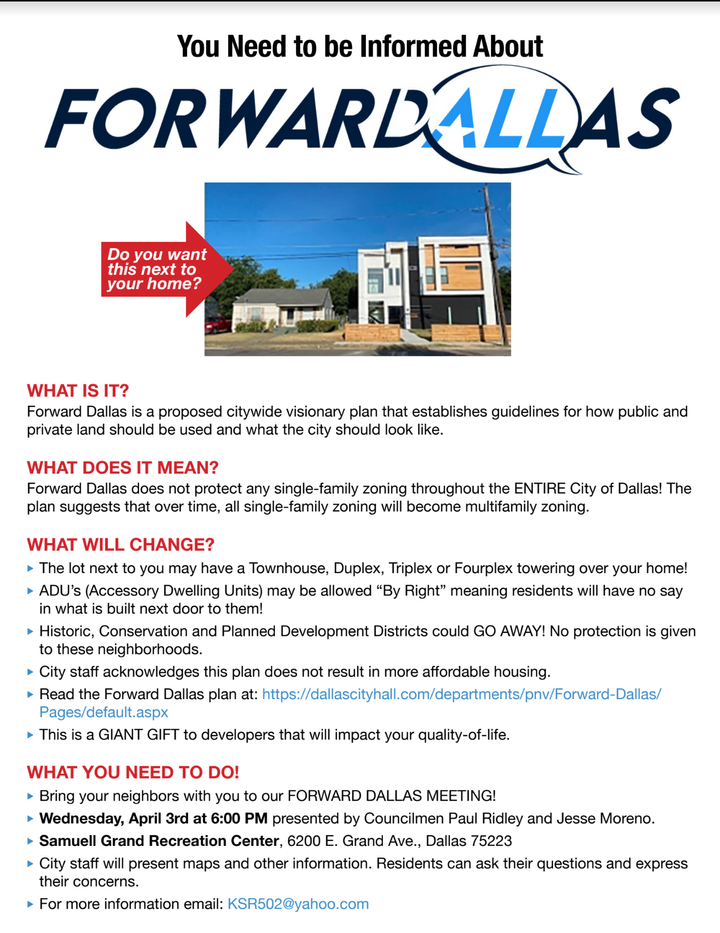 Forward Dallas meeting - 4/3 @ 6:30pm Samuell Grand Recreation Center